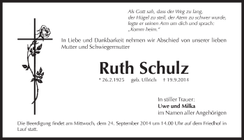 Traueranzeige von Ruth Schulz von Pegnitz-Zeitung